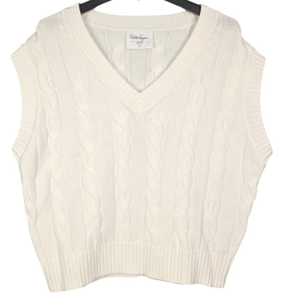 Walter Hagen Sweater Vest Womens XL White Cable Knit V-Neck Cotton Golf NWOT